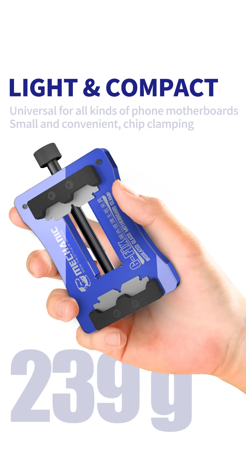 MECHANIC GFIX MOTHERBOARD FIXTURE - Repair Fixture - handheld blue rectangular metal motherboard clamp with black adjustable jaws and a knurled adjustment knob, branded with mechanic and g-fix logos.
