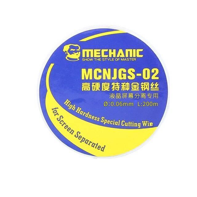 Mechanic High Hardness LCD Display Touch Screen Separator Cutting Wire Line 0.06mm 200M Mcnjgs-02 - a round blue and yellow product label displaying specifications including 0.06mm diameter and 200m length.