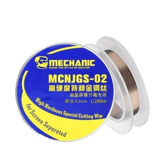 Mechanic High Hardness LCD Display Touch Screen Separator Cutting Wire Line 0.04mm 200M Mcnjgs-02 - a spool of thin metallic wire with a blue circular label showing product details and specifications in text.