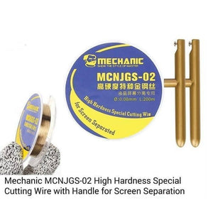 Mechanic High Hardness LCD Display Touch Screen Separator Cutting Wire Line 0.04mm 200M Mcnjgs-02 - a spool of gold-coloured wire with a label showing 0.08mm and 200m, plus two gold-coloured metal handles.