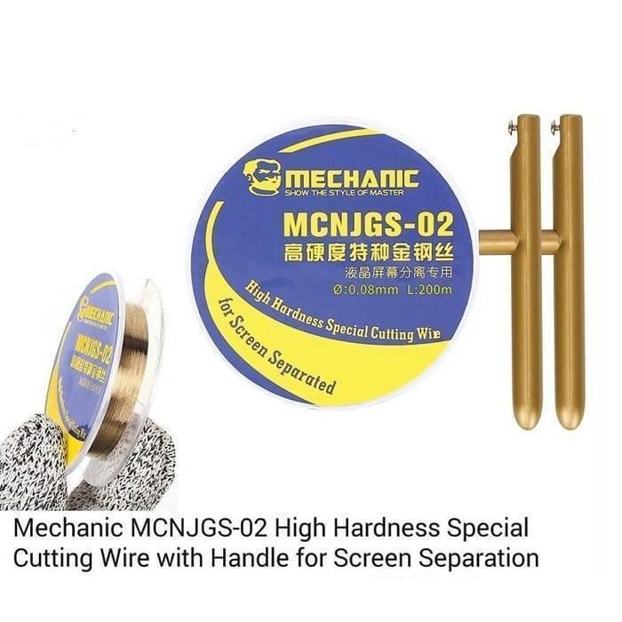 Mechanic High Hardness LCD Display Touch Screen Separator Cutting Wire Line 0.04mm 200M Mcnjgs-02 - a spool of gold-coloured wire with a label showing 0.08mm and 200m, plus two gold-coloured metal handles.