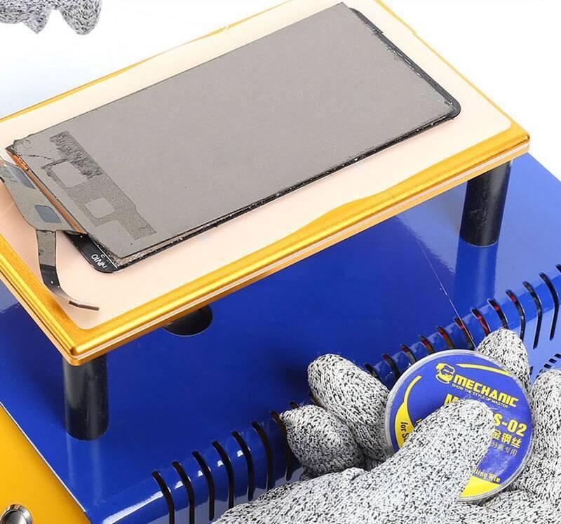 Mechanic High Hardness LCD Display Touch Screen Separator Cutting Wire Line 0.06mm 200M Mcnjgs-02 - shown with a smartphone screen on a heating platform.