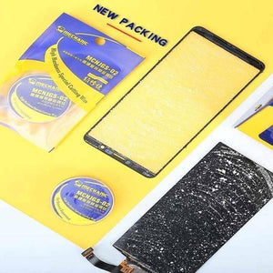 Mechanic High Hardness LCD Display Touch Screen Separator Cutting Wire Line 0.04mm 200M Mcnjgs-02 - the blue and yellow product packaging, a spool of wire, and two smartphone display panels on a yellow surface.