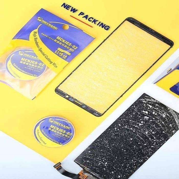 Mechanic High Hardness LCD Display Touch Screen Separator Cutting Wire Line 0.04mm 200M Mcnjgs-02 - the blue and yellow product packaging, a spool of wire, and two smartphone display panels on a yellow surface.
