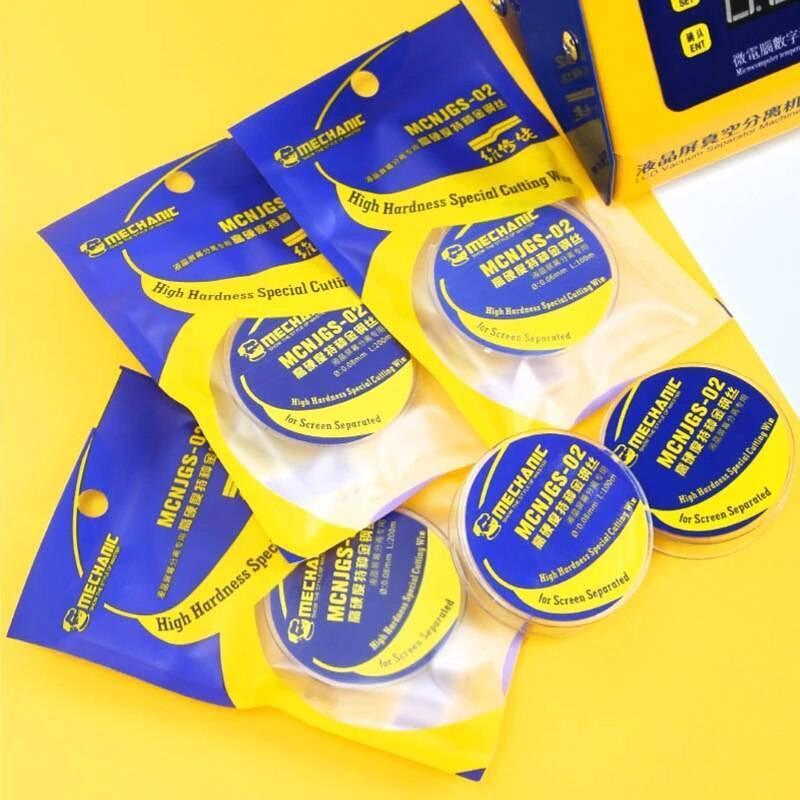 Mechanic High Hardness LCD Display Touch Screen Separator Cutting Wire Line 0.06mm 200M Mcnjgs-02 - shown as multiple yellow and blue retail packages and clear plastic spools of thin screen separator wire.