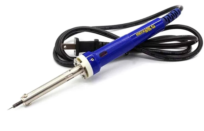 MECHANIC HK 640 SOLDERING IRON - blue and white electric soldering iron with a silver metal tip, black power cord with a two-prong plug, and MECHANIC branding printed on the handle.