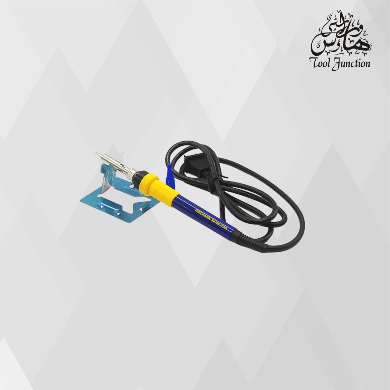 MECHANIC HK 745 SOLDERING IRON - soldering iron with a blue and yellow handle, black power cord, and a metallic stand against a plain background.