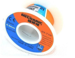 Mechanic HX-T100 0.4mm 50 Grams Soldering Wire - shown as a circular spool with orange and blue labels detailing specifications like tin and lead content.
