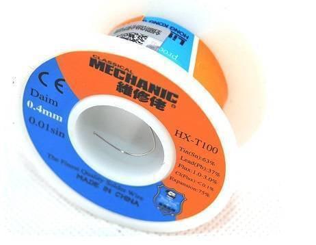 Mechanic HX-T100 0.4mm 50 Grams Soldering Wire - shown as a circular spool with orange and blue labels detailing specifications like tin and lead content.