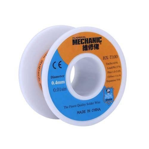 Mechanic HX-T100 0.4mm 50 Grams Soldering Wire - shown as a white plastic spool featuring an orange and blue label with technical specifications and branding.