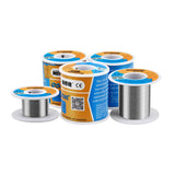 MECHANIC HX T100 (0.4mm) SOLDER WIRE 55GRAM - four spools of silver solder wire with white plastic ends and yellow, blue, and white labels featuring brand logos, QR codes, and text on a white background.