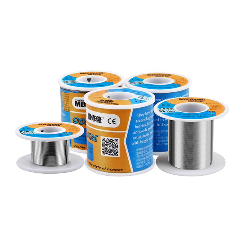 MECHANIC HX T100 (0.6mm) SOLDER WIRE 55GRAM - four spools of silver solder wire with white plastic ends and cylindrical labels featuring blue and yellow branding, text, and a QR code.