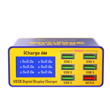 MECHANIC iCHARGE 6M MULTIPORT CHARGER - rectangular blue and yellow 6-port usb digital display charger with a front screen showing output readings and labels for five green ports and one red qc3.0 port.