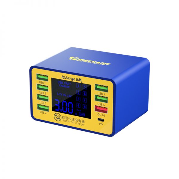 Mechanic Icharge 8p / 8s Qc 3.0 Multi-port Smart Fast Charger With Digital Display - blue casing, eight USB ports, a PD port, and a digital display showing current and voltage readings.