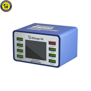 Mechanic Icharge 8p / 8s Qc 3.0 Multi-port Smart Fast Charger With Digital Display - a blue, box-shaped device featuring a central display screen and eight USB ports labeled 1 through 8.
