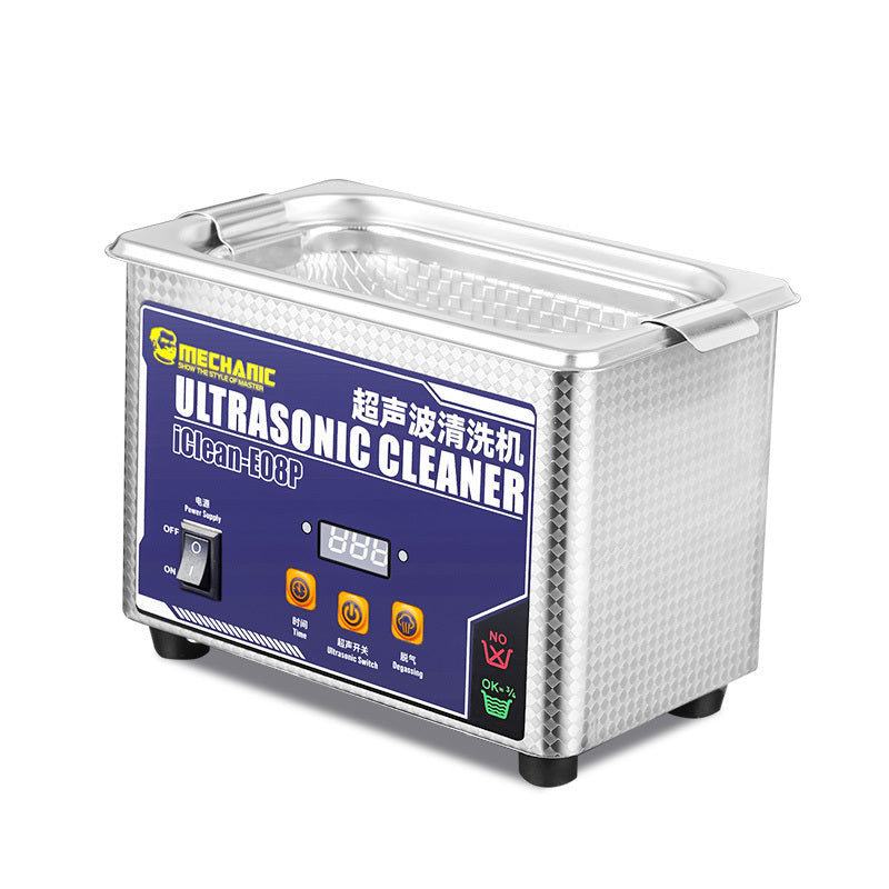 MECHANIC iCLEAN-E08P ULTRASONIC CLEANER - Cleaning Solution - rectangular stainless steel ultrasonic cleaner with a diamond-patterned exterior, a blue control panel with buttons, a digital display, and an on/off rocker switch.