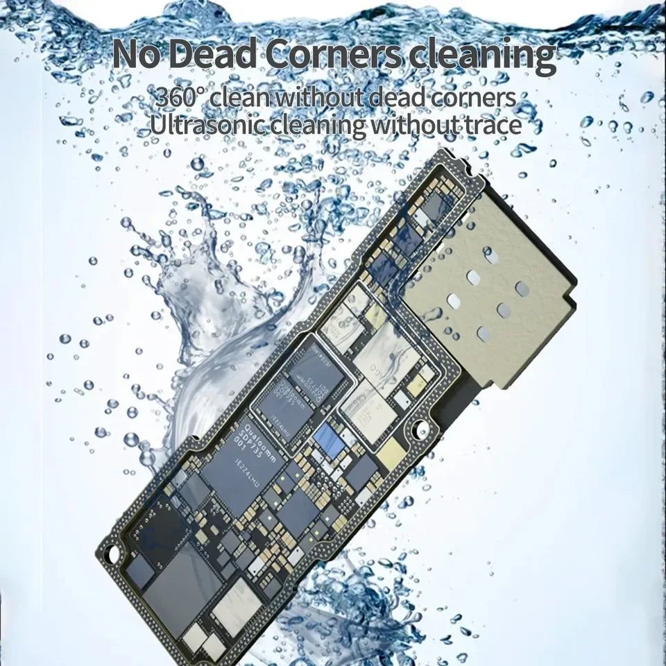 Mechanic iClean-E08P Ultrasonic Cleaner For Phones Motherboard Camera Glass Black Spot Cleaning Machine - a dark-coloured smartphone motherboard submerged in water with bubbles, illustrating the cleaning process.