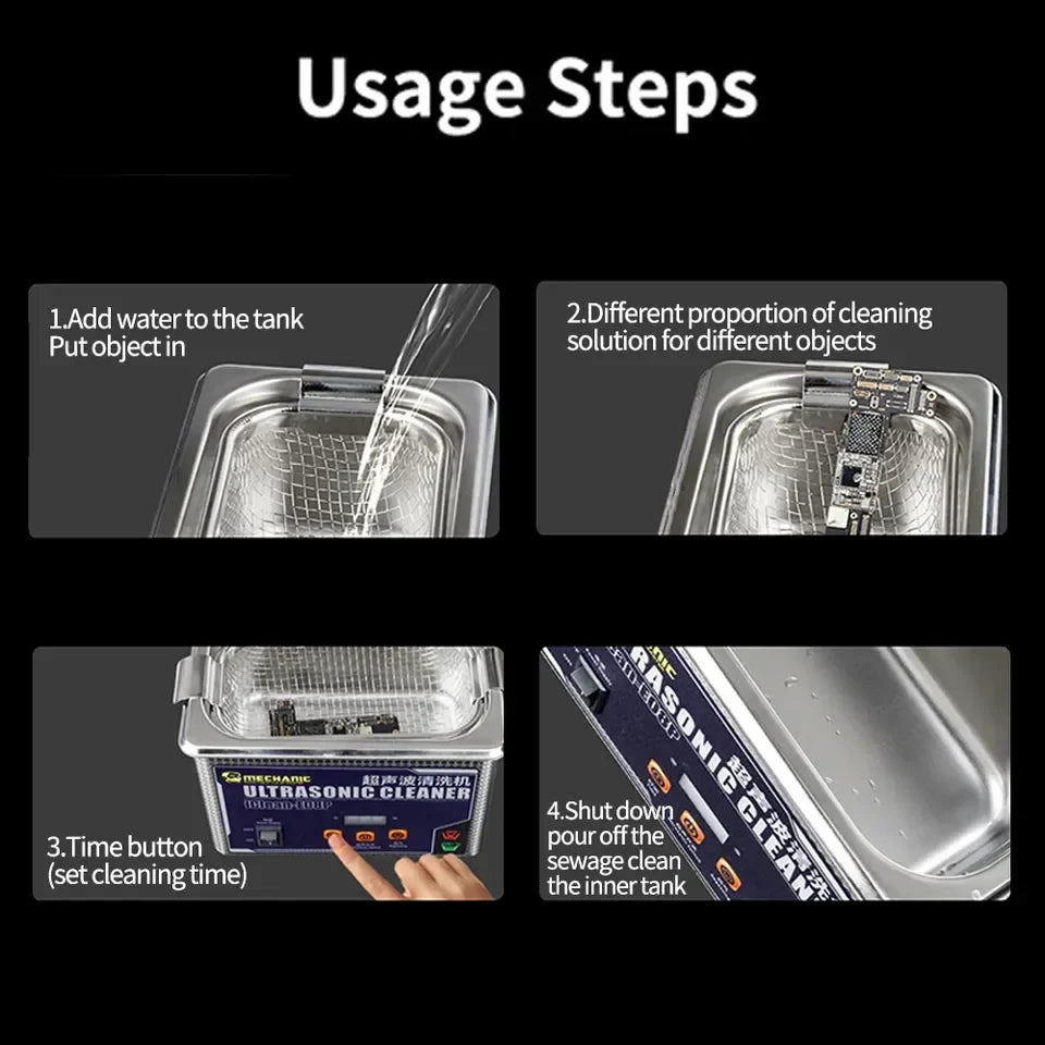 Mechanic iClean-E08P Ultrasonic Cleaner For Phones Motherboard Camera Glass Black Spot Cleaning Machine - four usage steps including adding water, placing a motherboard, setting the timer, and cleaning the tank.