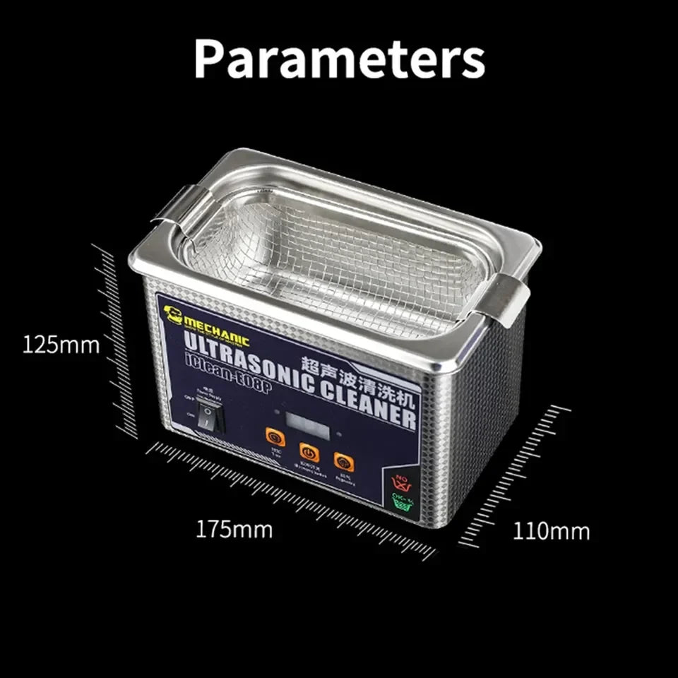 Mechanic iClean-E08P Ultrasonic Cleaner For Phones Motherboard Camera Glass Black Spot Cleaning Machine - and silver rectangular unit with a control panel, display, and dimension labels on a black background.