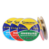 MECHANIC iLine X CARBON STEEL CUTTING WIRE - Screen Cutting Wire - four round spools of thin metallic cutting wire with yellow, blue, red, and green labels featuring the Mechanic logo and various wire diameters.
