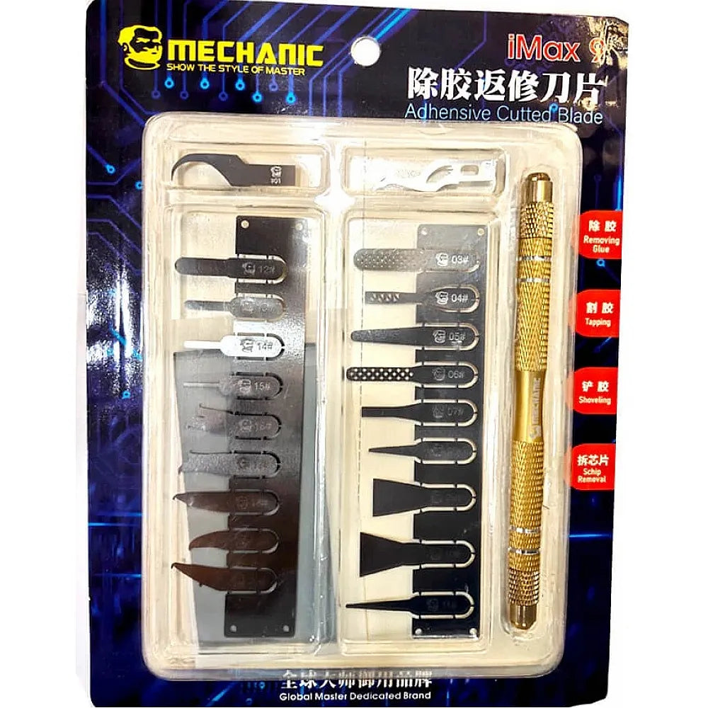 Mechanic Imax 9 Nand CPU IC Glue Remover Blade Edge Glue Scraper Ultra Thin Knife 20 in 1 Blade Set - a gold handle and twenty assorted metal blades arranged in a plastic tray.