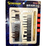 Mechanic Imax 9 Nand CPU IC Glue Remover Blade Edge Glue Scraper Ultra Thin Knife 20 in 1 Blade Set - a gold handle and twenty assorted metal blades arranged in a plastic tray.