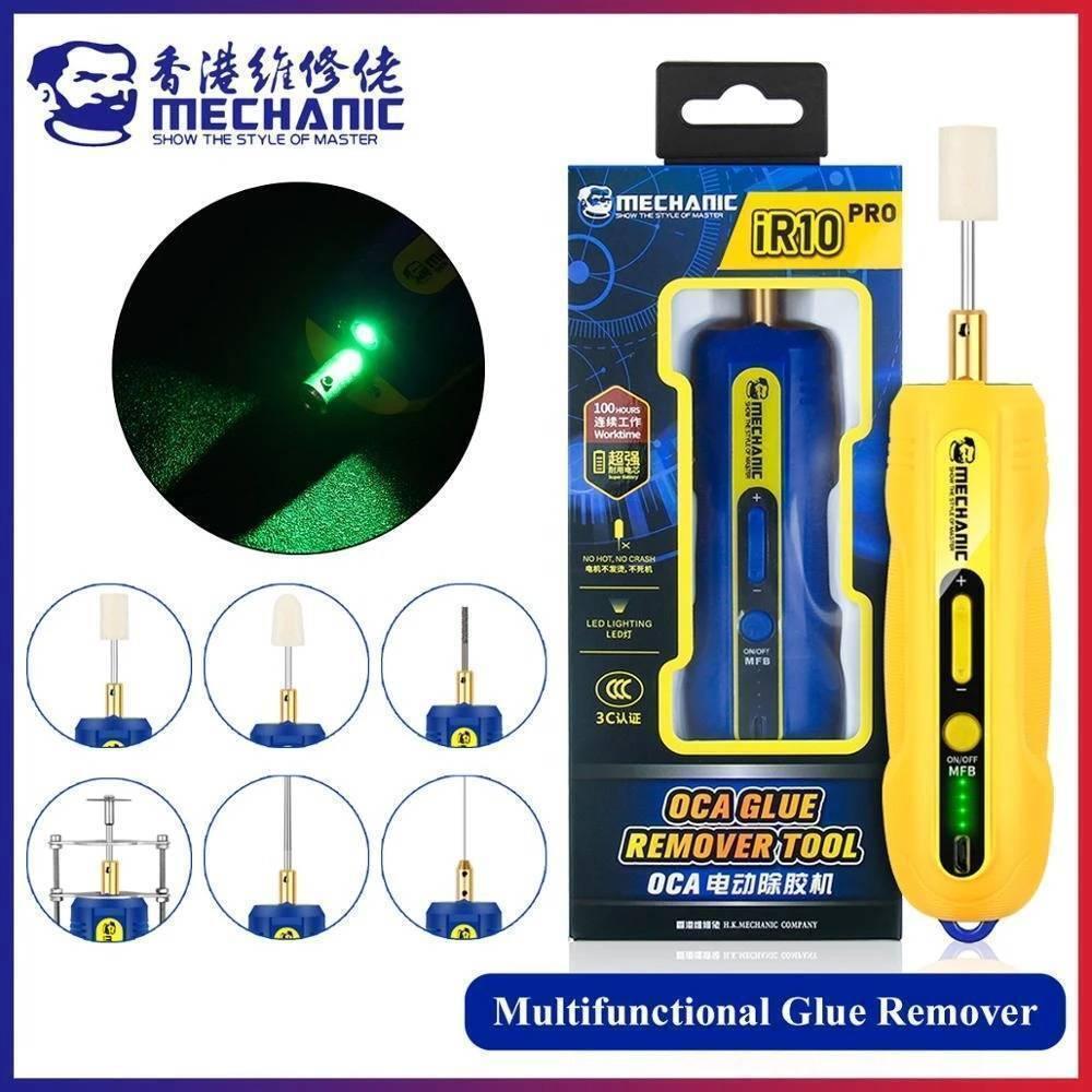 Mechanic IR10 Pro Oca Glue Remove Motor For Phone Screen Glue Cleaning Degumming And Grinding - shown with its yellow handheld motor unit, retail box, and six various grinding and cleaning attachment tips.