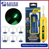 Mechanic IR10 Pro Oca Glue Remove Motor For Phone Screen Glue Cleaning Degumming And Grinding - shown with its yellow handheld motor unit, retail box, and six various grinding and cleaning attachment tips.
