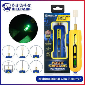 Mechanic IR10 Pro Oca Glue Remove Motor For Phone Screen Glue Cleaning Degumming And Grinding - shown with its yellow handheld motor unit, retail box, and six various grinding and cleaning attachment tips.