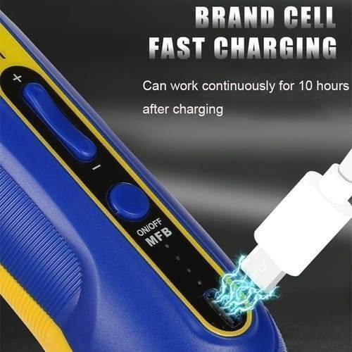 Mechanic IR10 Pro Oca Glue Remove Motor For Phone Screen Glue Cleaning Degumming And Grinding - a blue and yellow handheld device with a charging cable, MFB power button, and volume controls, being charged.