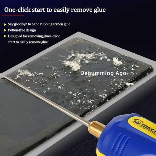 Mechanic IR10 Pro Oca Glue Remove Motor For Phone Screen Glue Cleaning Degumming And Grinding - a blue and yellow handheld device with a metal tip cleaning glue residue from a black smartphone screen.