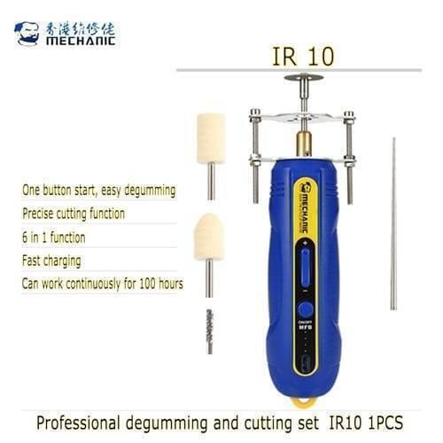 Mechanic IR10 Pro Oca Glue Remove Motor For Phone Screen Glue Cleaning Degumming And Grinding - a blue and yellow handheld electric tool with a cutting attachment, two buffing heads, a metal rod, and text listing product features.