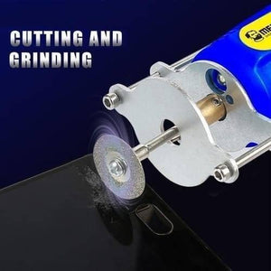 Mechanic IR10 Pro Oca Glue Remove Motor For Phone Screen Glue Cleaning Degumming And Grinding - a blue handheld tool with a silver metal head and a circular grinding disc, shown cutting a black phone screen.