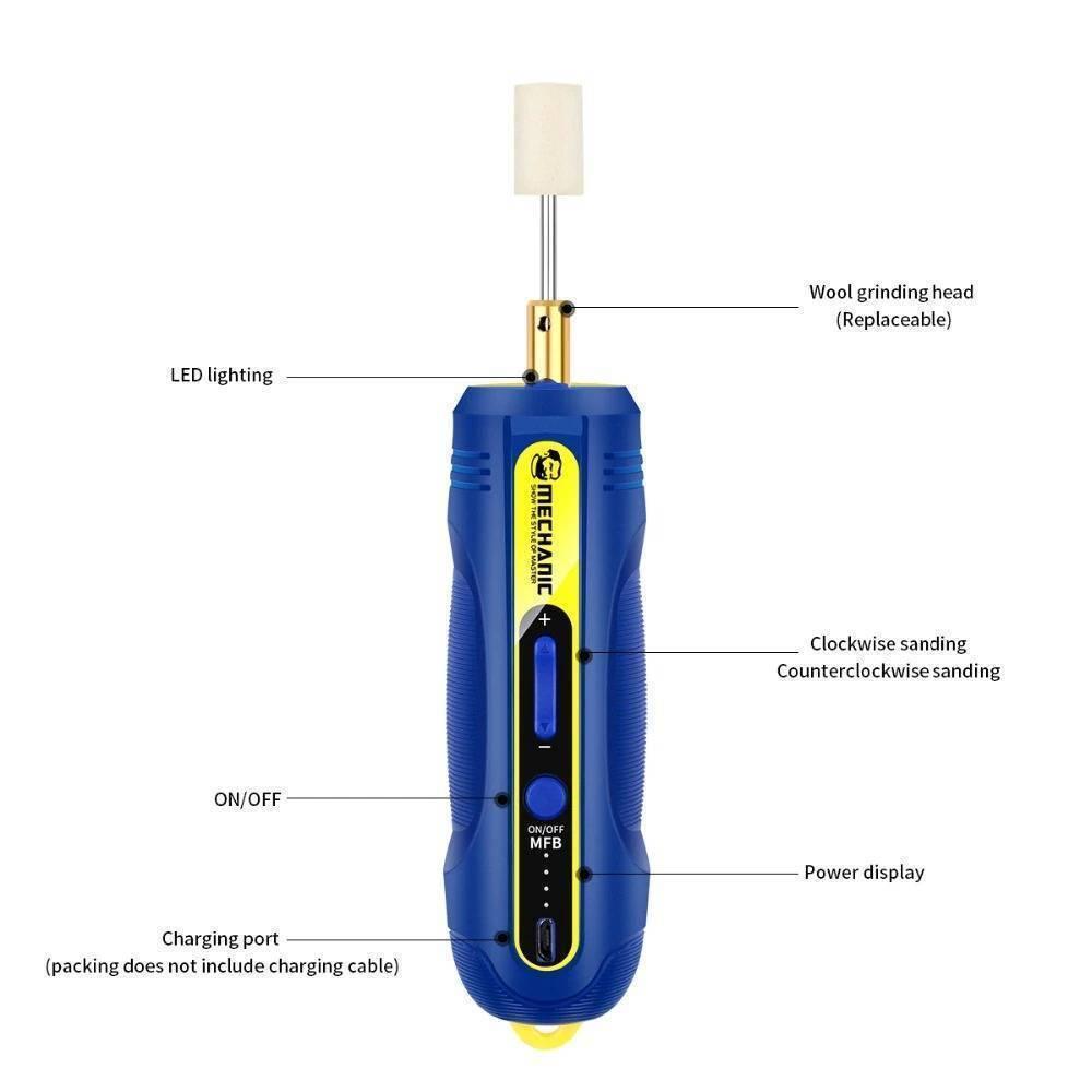 Mechanic IR10 Pro Oca Glue Remove Motor For Phone Screen Glue Cleaning Degumming And Grinding - a blue handheld electric grinding tool with a wool head, LED light, rotation switch, power button, battery display, and charging port.
