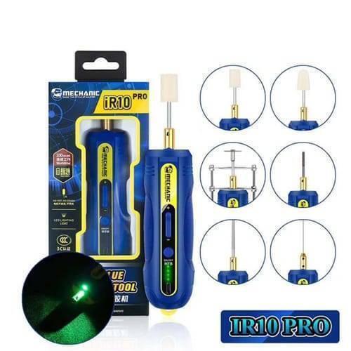 Mechanic IR10 Pro Oca Glue Remove Motor For Phone Screen Glue Cleaning Degumming And Grinding - shown with its blue and yellow packaging, various grinding attachments, and a close-up of its illuminated green LED light.