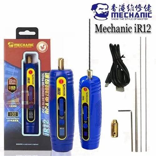 Mechanic IR12 Oca Glue Remove Motor For Phone Screen Glue Cleaning Degumming And Grinding - the blue handheld device, its retail packaging, charging cable, needle attachments, and a small hex key.