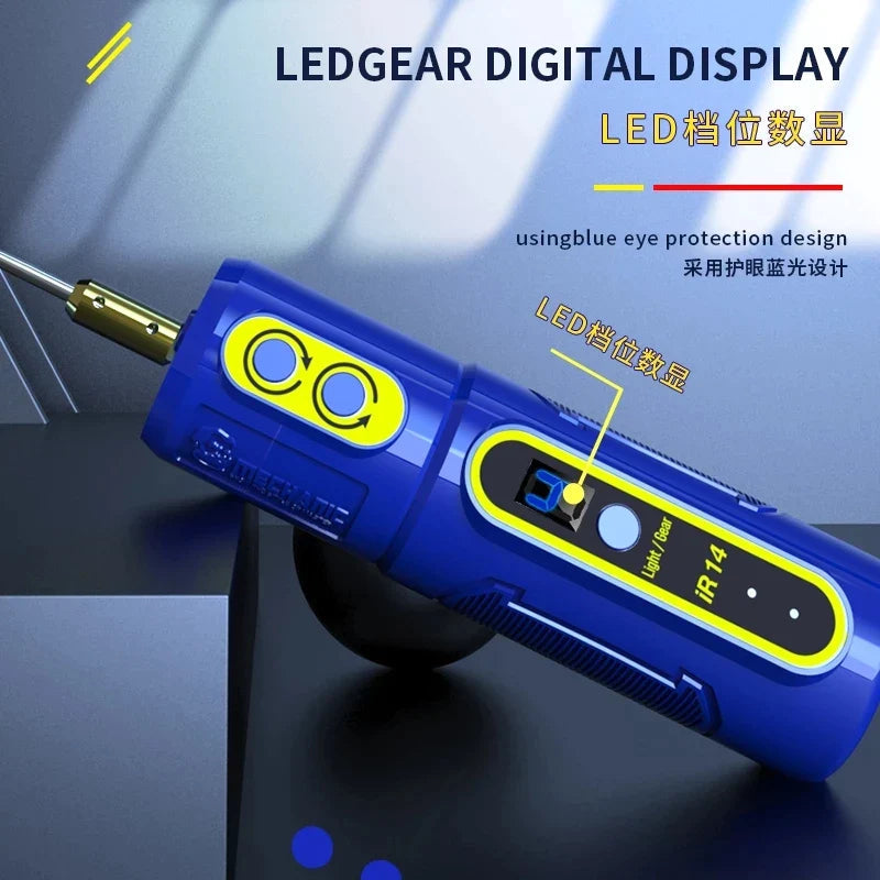 Mechanic IR14 Oca Glue Remove Motor For Phone Screen Glue Cleaning Degumming And Grinding - a blue handheld tool featuring a digital LED display, a Light/Gear button, and a metal tip.