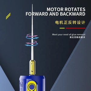Mechanic IR14 Oca Glue Remove Motor For Phone Screen Glue Cleaning Degumming And Grinding - a close-up of the silver metal needle tip, gold chuck, and top of the blue cylindrical body with rotation arrows.