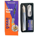 Mechanic IRX6 Phone Motherboard Polishing Pen IC Chip Grinding Tool - shown in its orange retail box next to an open black tray containing the blue grinding pen, a charging cable, and tips.