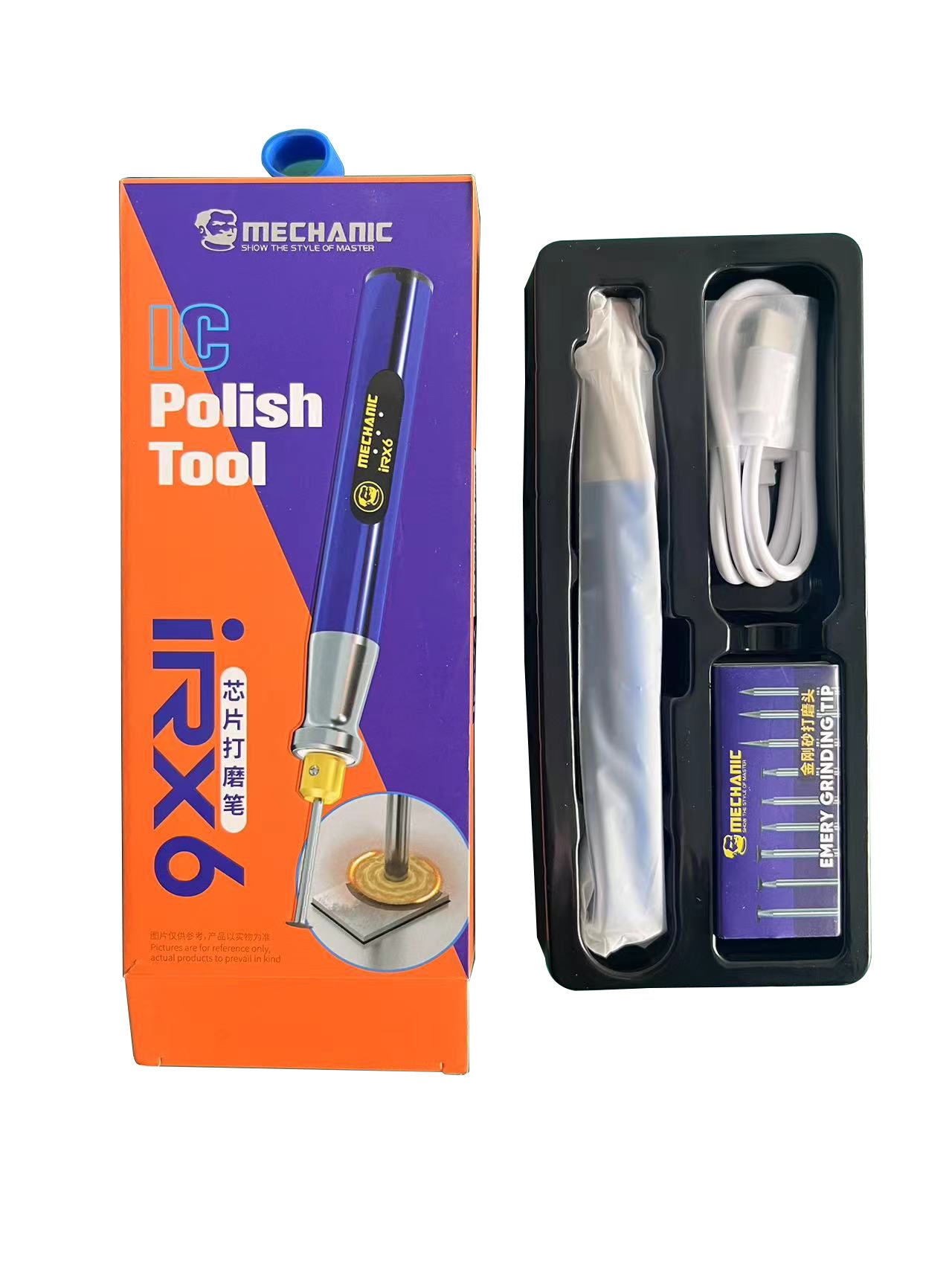 Mechanic IRX6 Phone Motherboard Polishing Pen IC Chip Grinding Tool - shown in its orange retail box next to an open black tray containing the blue grinding pen, a charging cable, and tips.