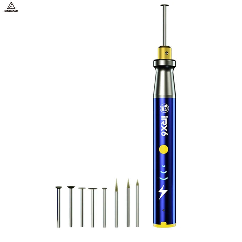 Mechanic IRX6 Phone Motherboard Polishing Pen IC Chip Grinding Tool - a blue cylindrical grinding tool with a yellow power button and eight interchangeable metal bits.