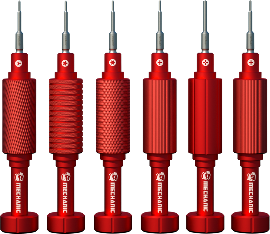 MECHANIC iSHELL 3D MAX SCREWDRIVER SET - six red precision screwdrivers with metallic bits, each featuring a unique textured handle grip, a printed white brand logo, and a head type symbol.
