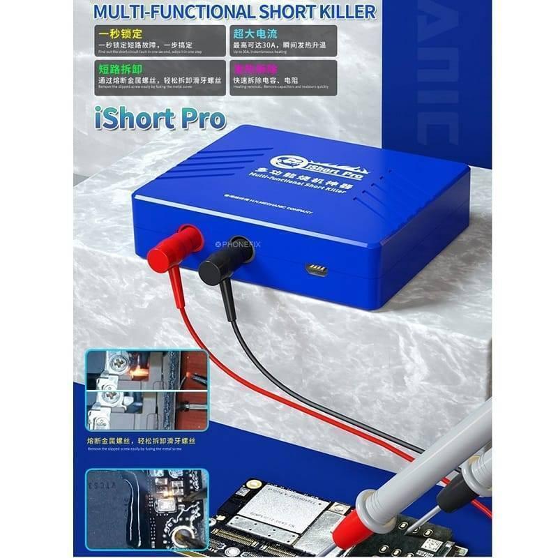 Mechanic Ishort Pro Multi-functional Short Killer Circuit Detector Shortkiller Device Tester - with red and black probe cables, a front port, and two inset photos showing its application.