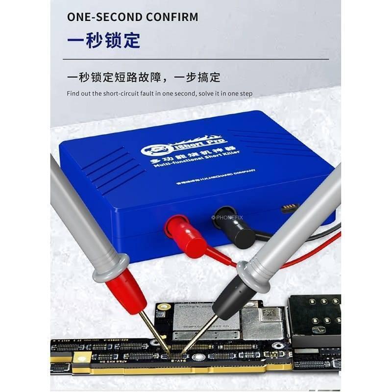 Mechanic Ishort Pro Multi-functional Short Killer Circuit Detector Shortkiller Device Tester - a blue rectangular circuit detector connected to a circuit board via red and black probe leads.