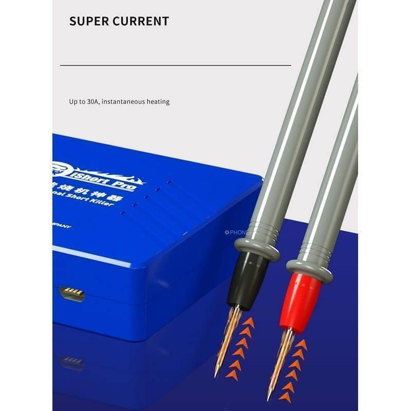Mechanic Ishort Pro Multi-functional Short Killer Circuit Detector Shortkiller Device Tester - a blue rectangular unit and two probe leads with black and red tips on a reflective surface.