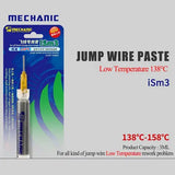 MECHANIC iSm3 PASTE FOR JUMPER WIRE - Soldering Flux - a cylindrical syringe of jump wire paste in blue and green branded packaging, featuring a yellow needle tip and black text labels.