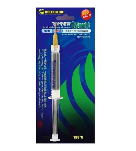 MECHANIC iSm3 PASTE FOR JUMPER WIRE - Soldering Flux - grey soldering paste in a clear plastic syringe with a yellow needle cap, mounted on a blue and green branded cardboard blister pack.