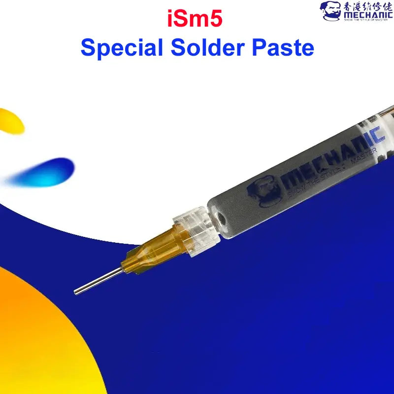 MECHANIC iSm5 PASTE FOR JUMPER WIRE - Soldering Flux - grey cylindrical syringe containing solder paste with a clear plastic nozzle, a thin metal tip, and the brand name MECHANIC printed on the barrel.