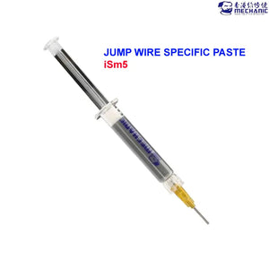 MECHANIC iSm5 PASTE FOR JUMPER WIRE - Soldering Flux - clear syringe filled with dark grey paste, featuring a blue Mechanic logo on the barrel and a yellow translucent tip with a metal needle.