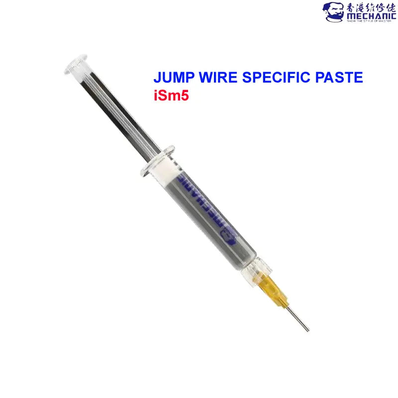 MECHANIC iSm5 PASTE FOR JUMPER WIRE - Soldering Flux - clear syringe filled with dark grey paste, featuring a blue Mechanic logo on the barrel and a yellow translucent tip with a metal needle.